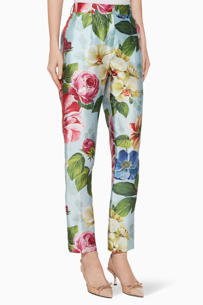 

Floral Silk Charmeuse Tuxedo Pants, Blue