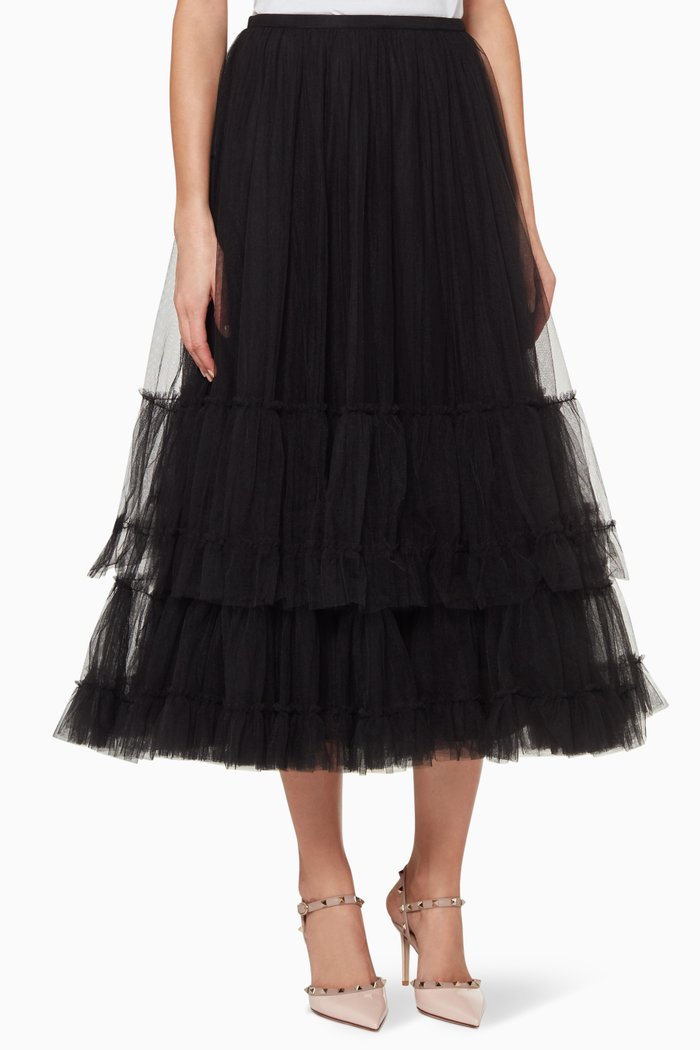 Flounce Tulle Midi Skirt, Black