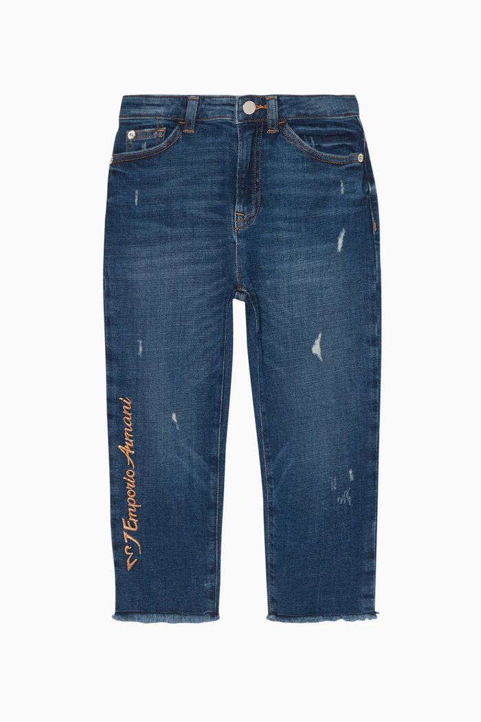 

EA Logo Distressed Denim Jeans, Blue