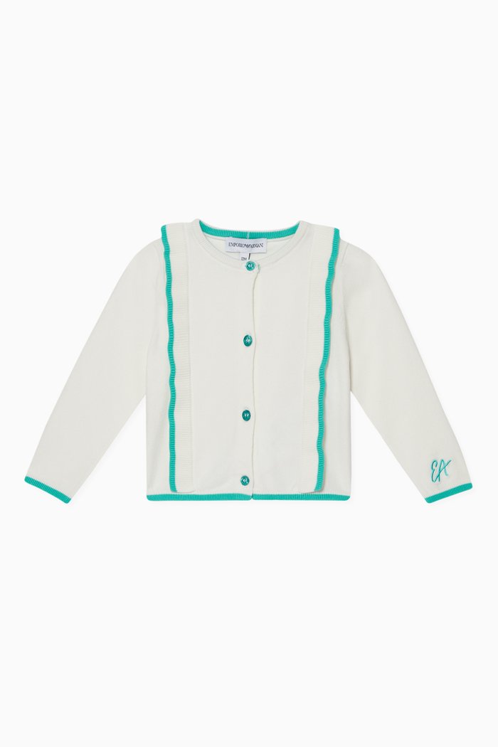 Contrast-Piping Logo Embroidered Cardigan, White