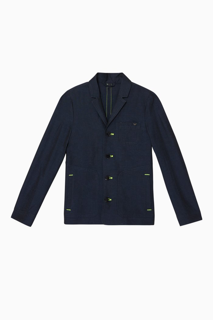 Metallic Logo Single-Breasted Blazer, Blue