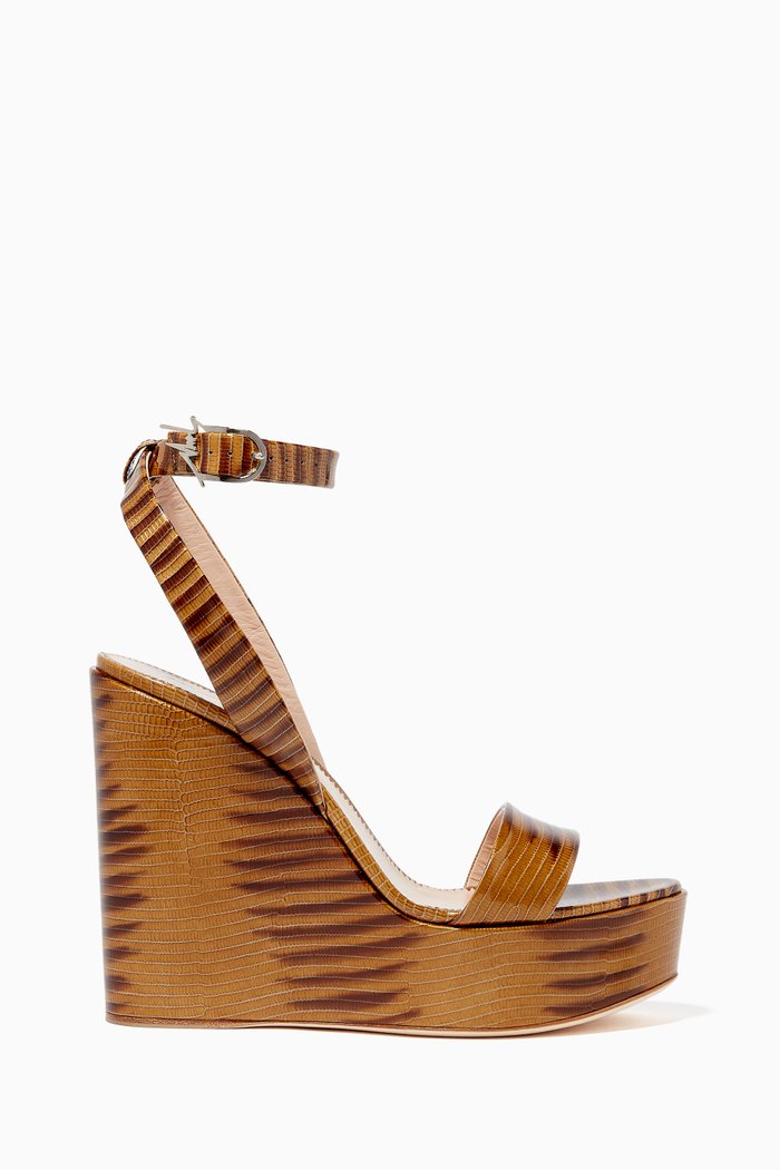 

Maribel Reptile-Print Leather Wedge Sandals, Brown