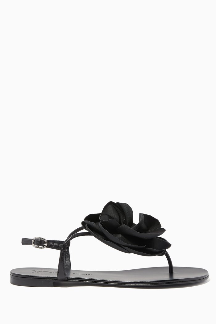 

Peony Leather Flat Sandals, Black