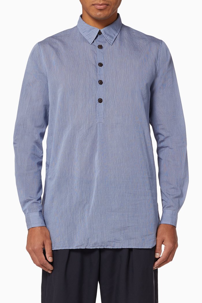 Micro-Striped Half Placket Shirt, Blue