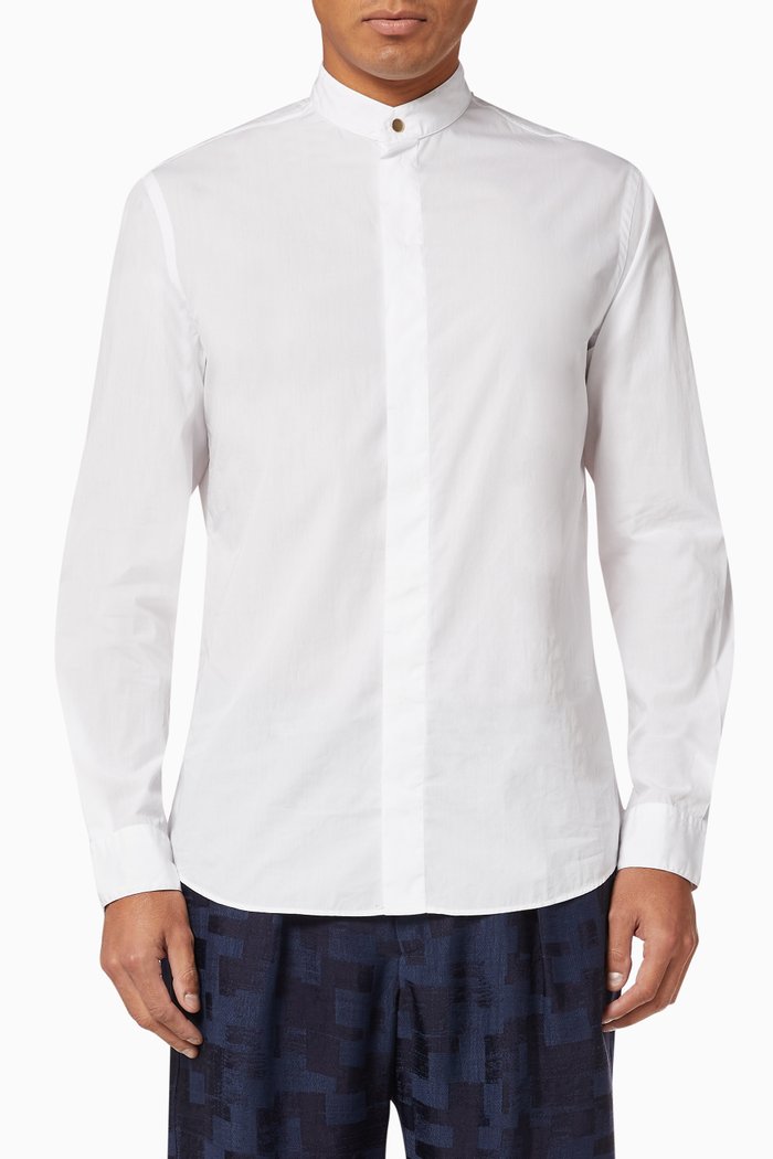 Mandarin Collar Cotton Shirt, White