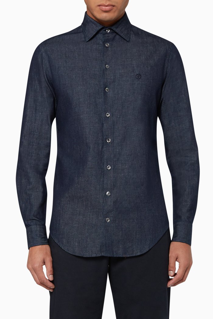Embroidered Logo Denim Shirt, Blue
