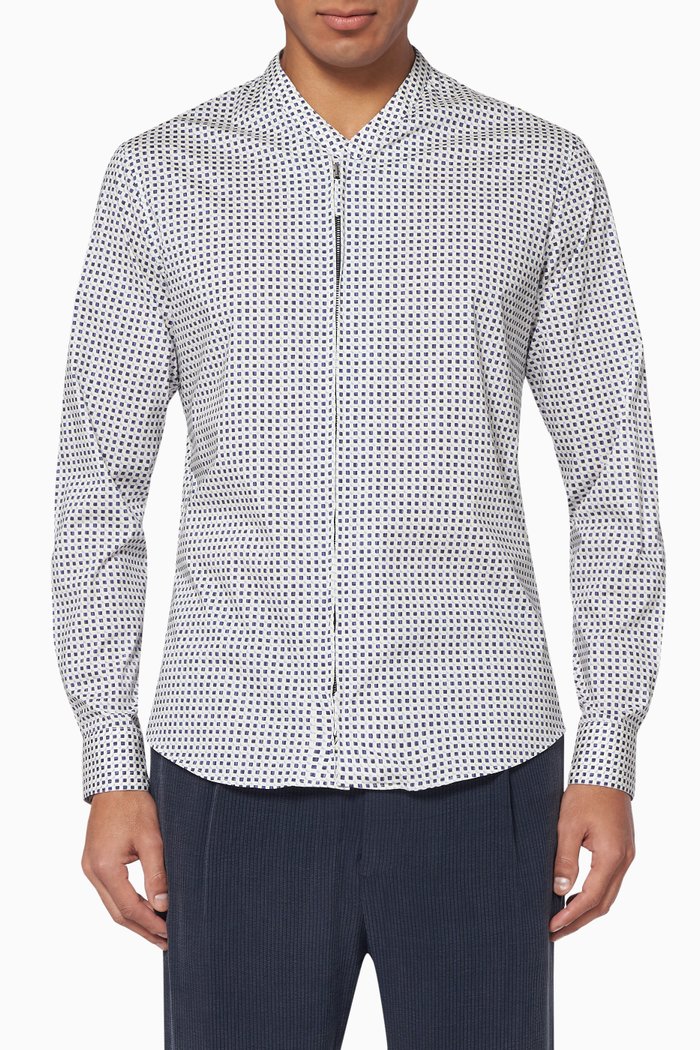 

Printed Cotton Collarless Shirt, Blue