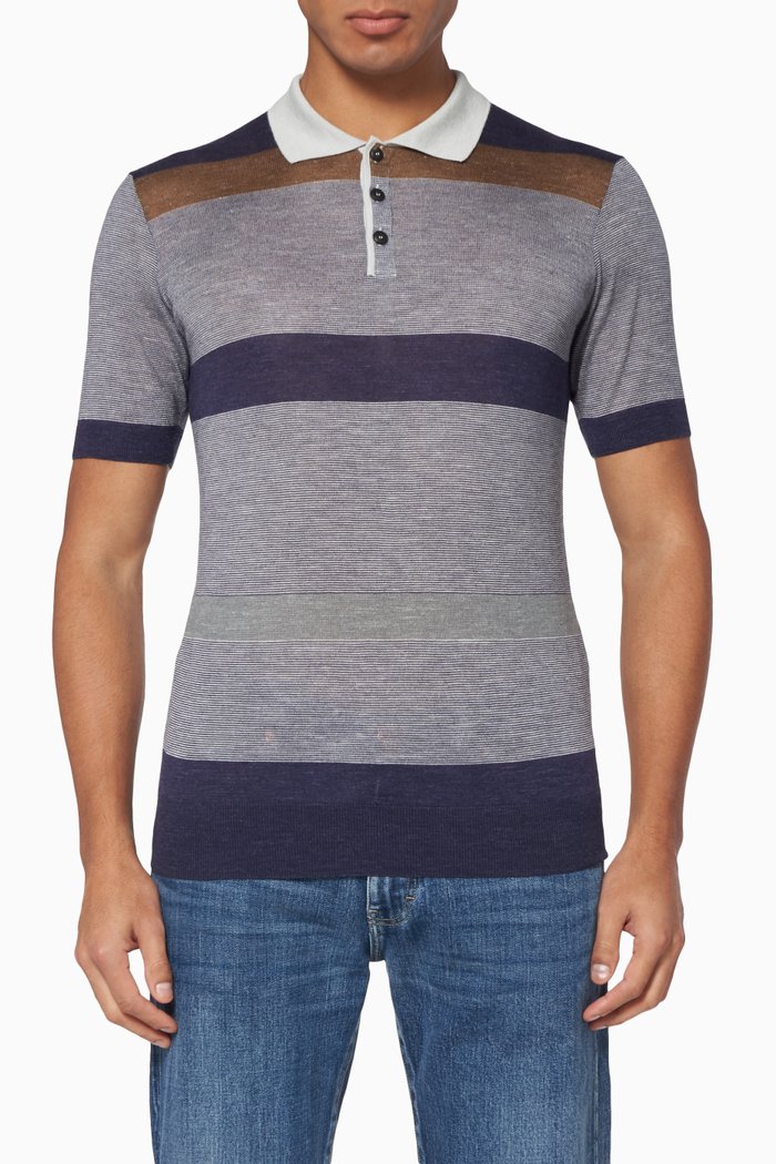 

Silk-Blend Striped Polo Shirt, Blue
