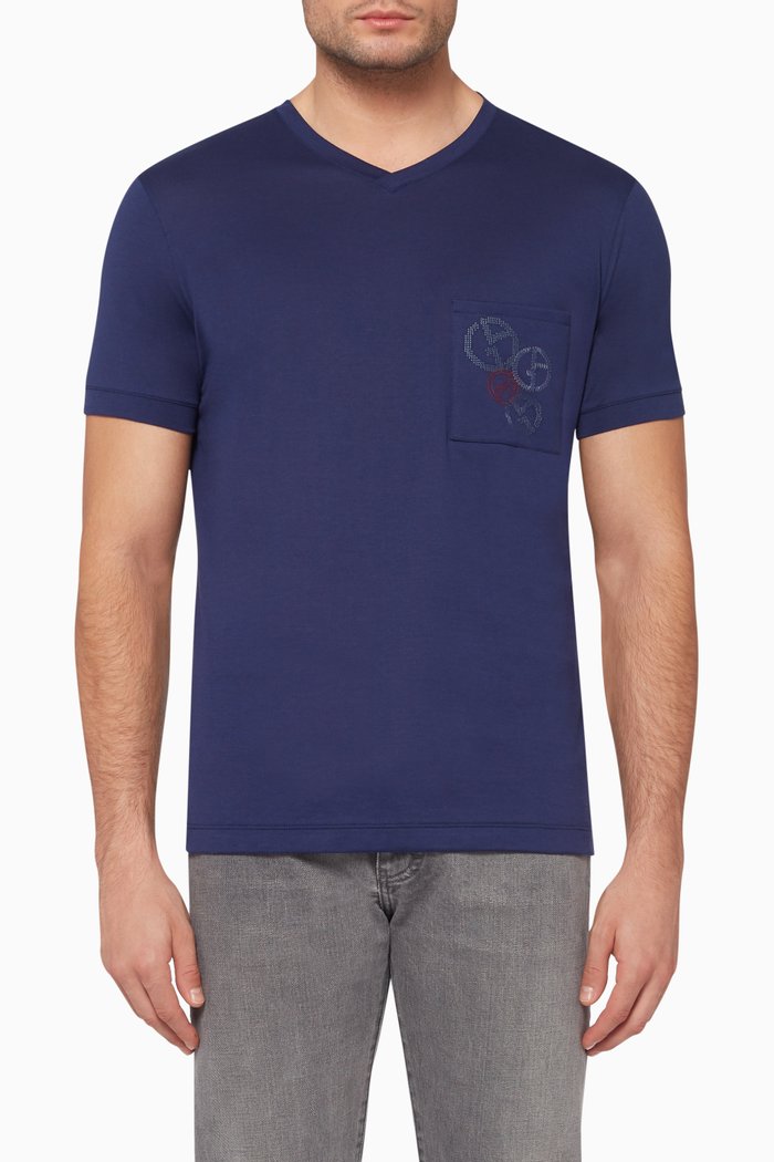 

V-Neck Embroidered Pocket T-Shirt, Blue