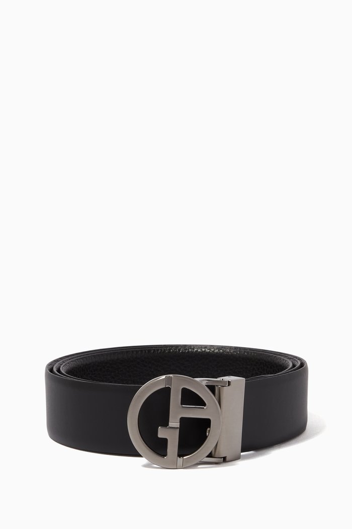 Reversible Double Buckle Leather Belt, Black