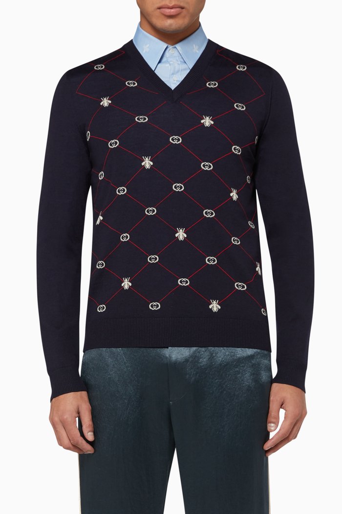 

GG & Bee Jacquard Wool Pullover, Blue