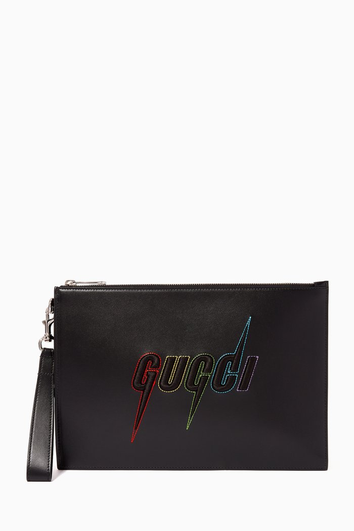 

Logo Blade Embroidery Leather Pouch, Black