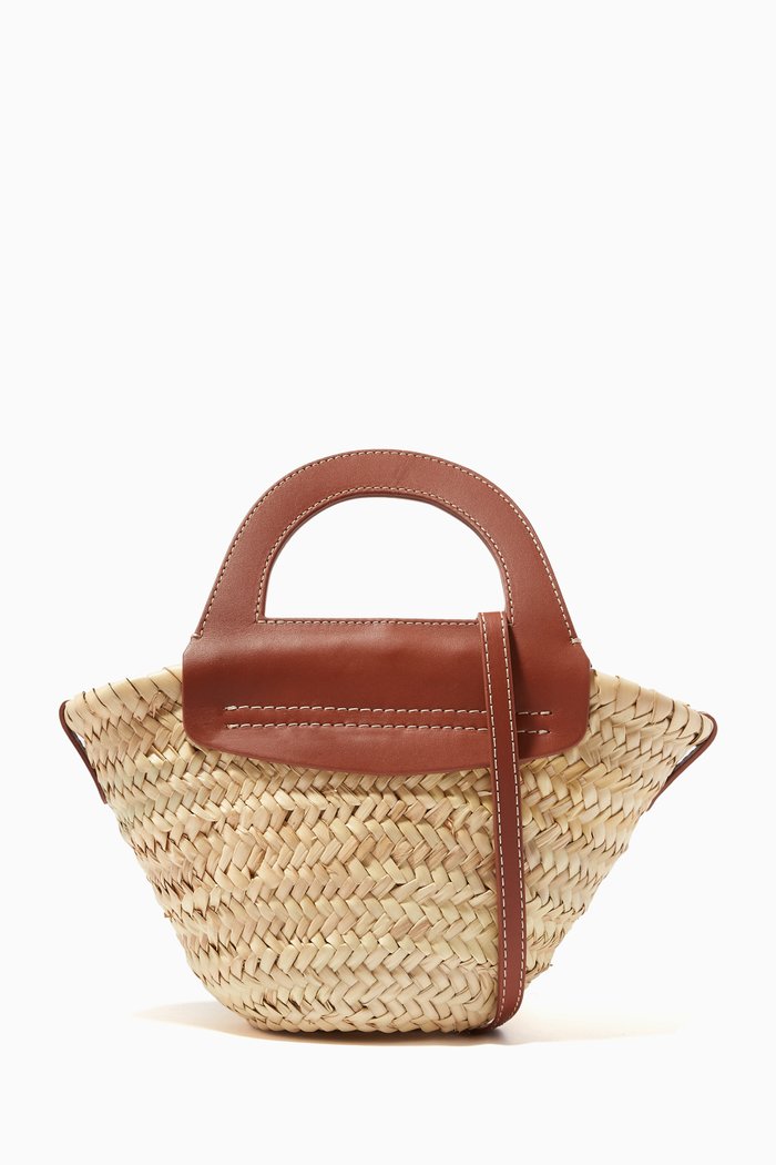 

Mini Cabas Tote Bag in Straw & Leather, Brown