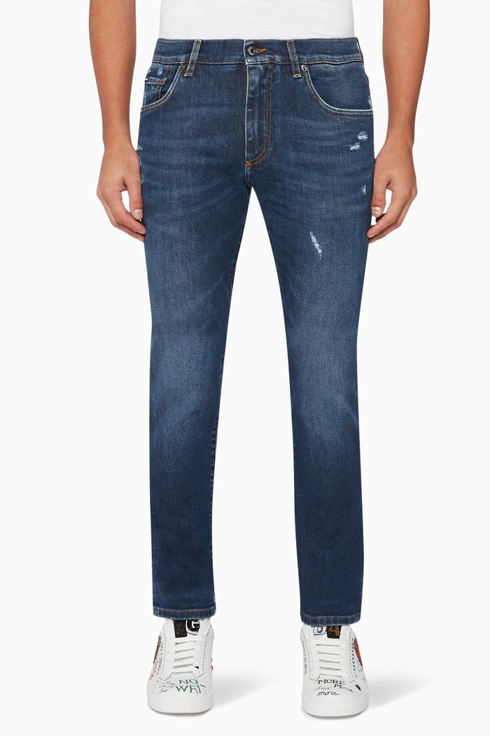 

Slim Distressed DG Print Jeans, Blue