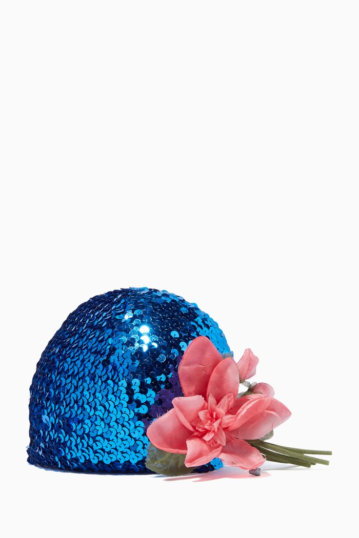 

Sequined Floral Detail Hat, Blue