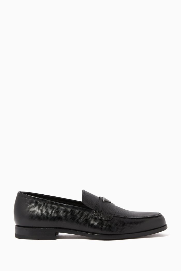 

Triangle Logo Saffiano Leather Loafers, Black