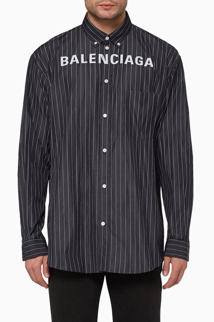 

Embroidered Logo Pinstripe Shirt, Black