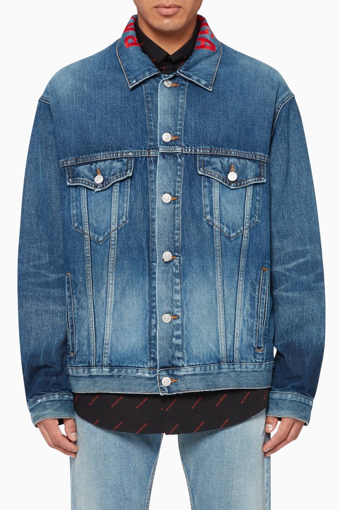 

Embroidered Collar Denim Jacket, Blue