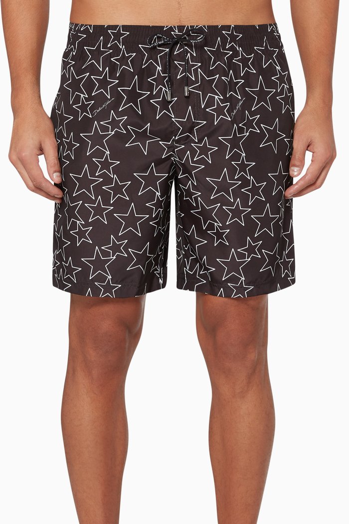 Star Print Cotton Swim Shorts, Black