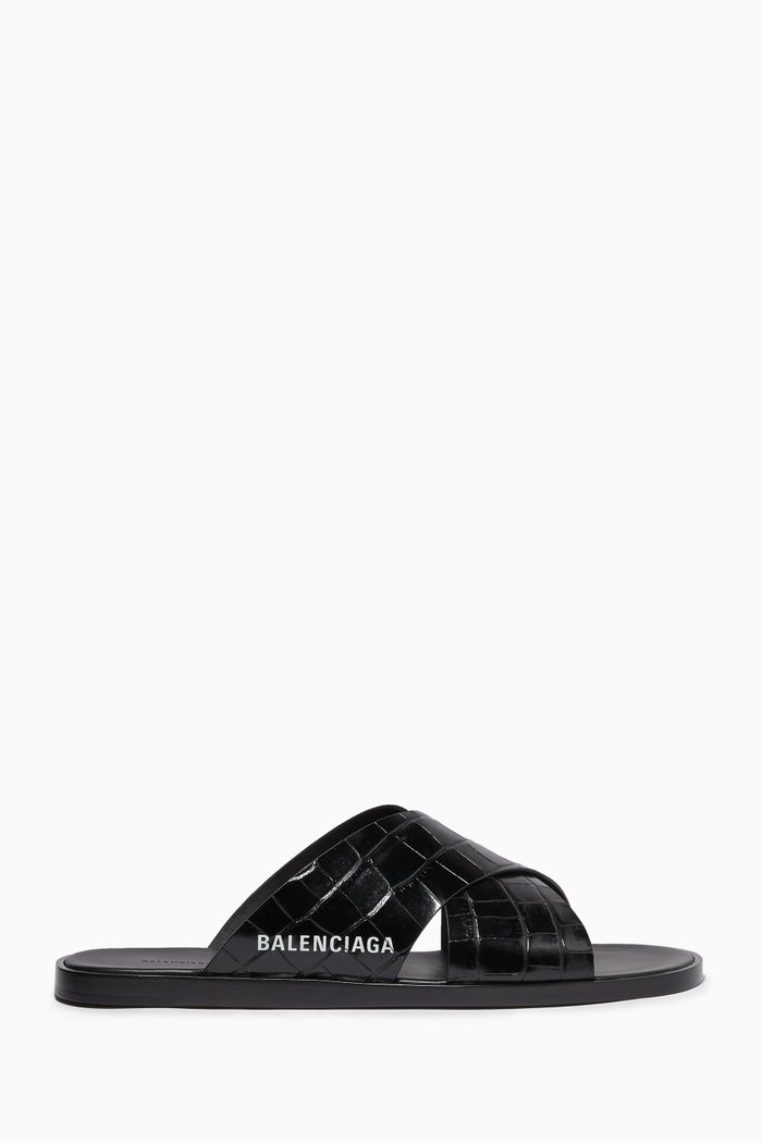 

Crocodile-Embossed Leather Slides, Black