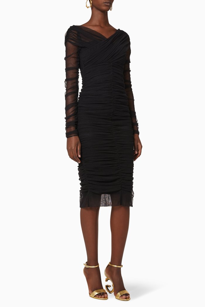 

Long-Sleeve Ruched Tulle Midi Dress, Black