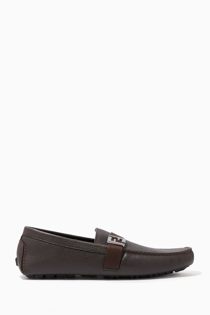 FF Leather Driving Loafers, Brown