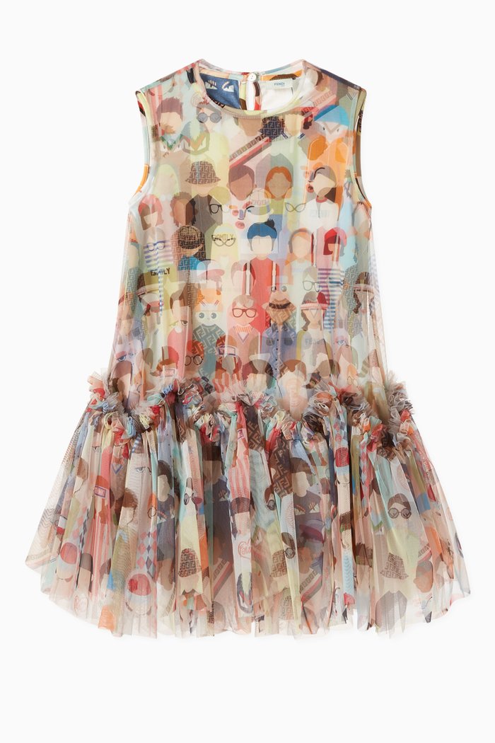 

Friends-Print Mesh Overlay Dress, Multicolour