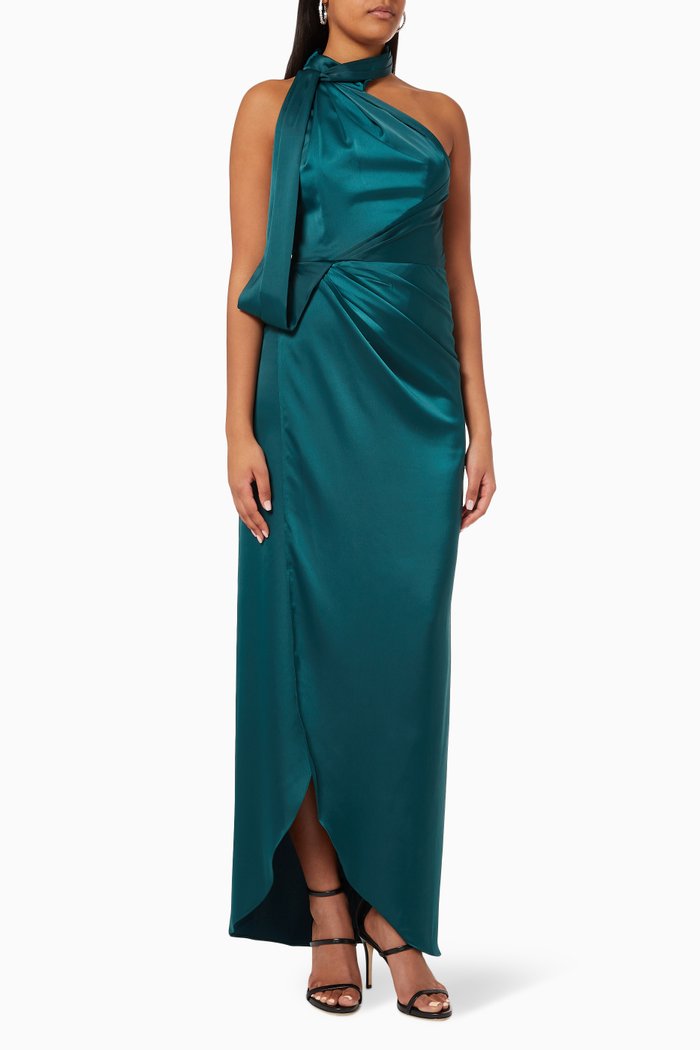 

William Asymmetric Gown in Satin, Green
