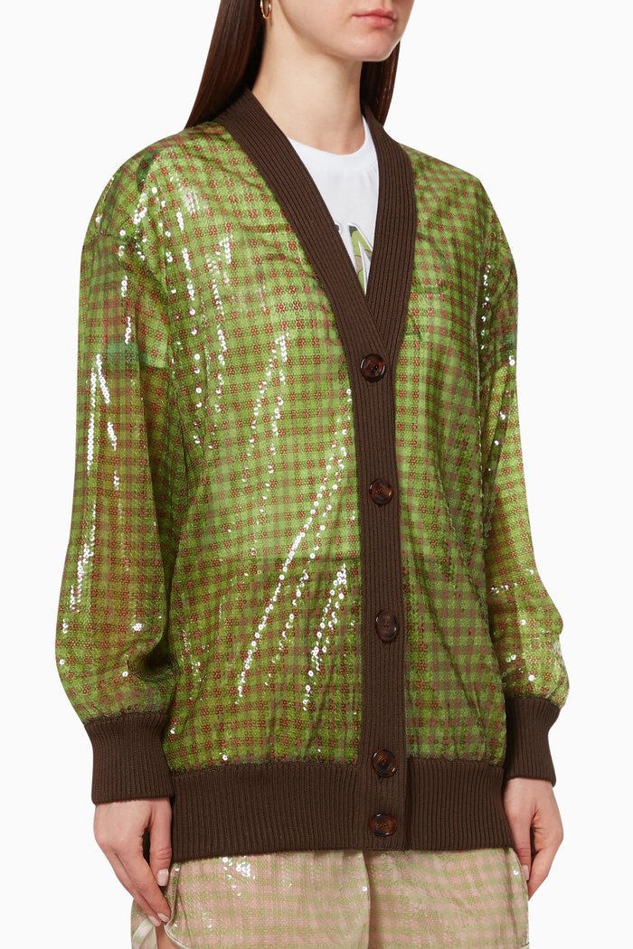 

Vichy-Check Sequined Cardigan, Green