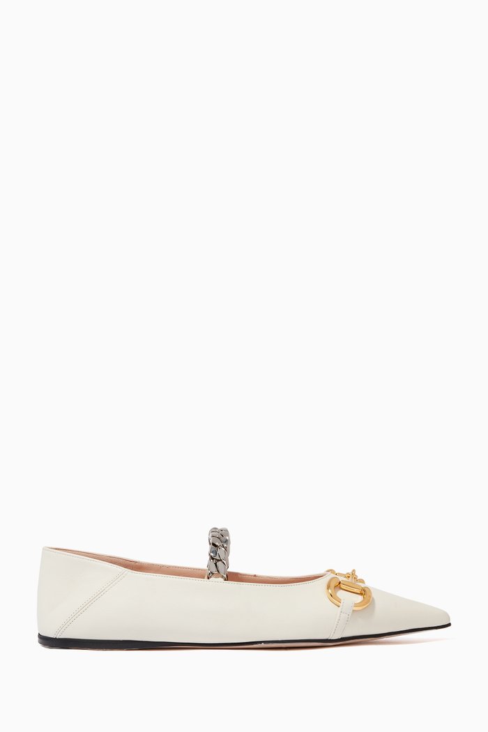 

Horsebit Collapsable Ballet Flat in Leather, White