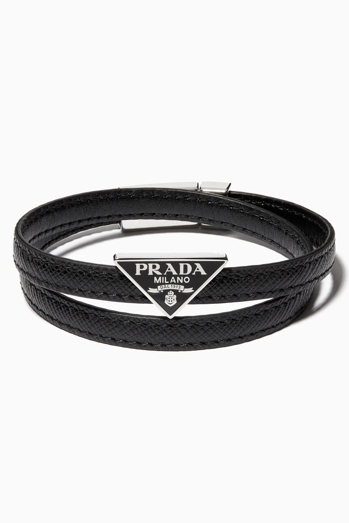 

Triangle Logo Saffiano Leather Wrap Bracelet, Black