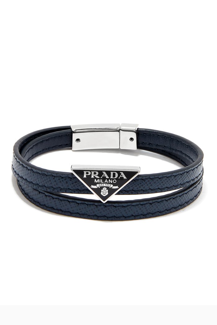 

Triangle Logo Wrap Bracelet in Saffiano Leather, Blue
