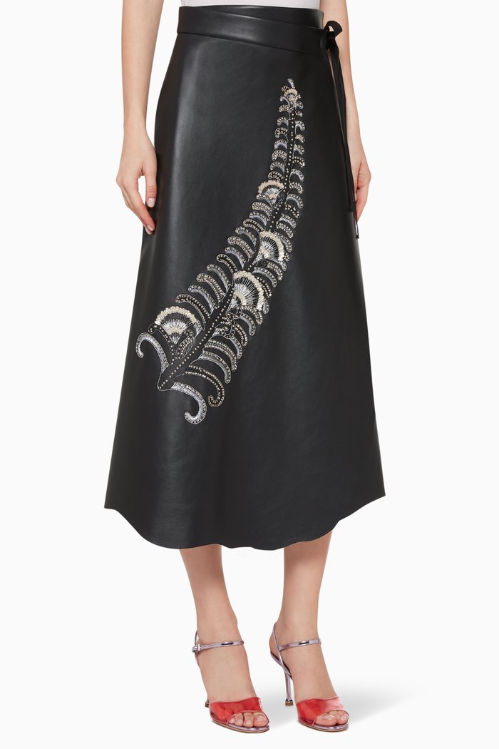 

Sequin Feather Motif Wrap Skirt, Black