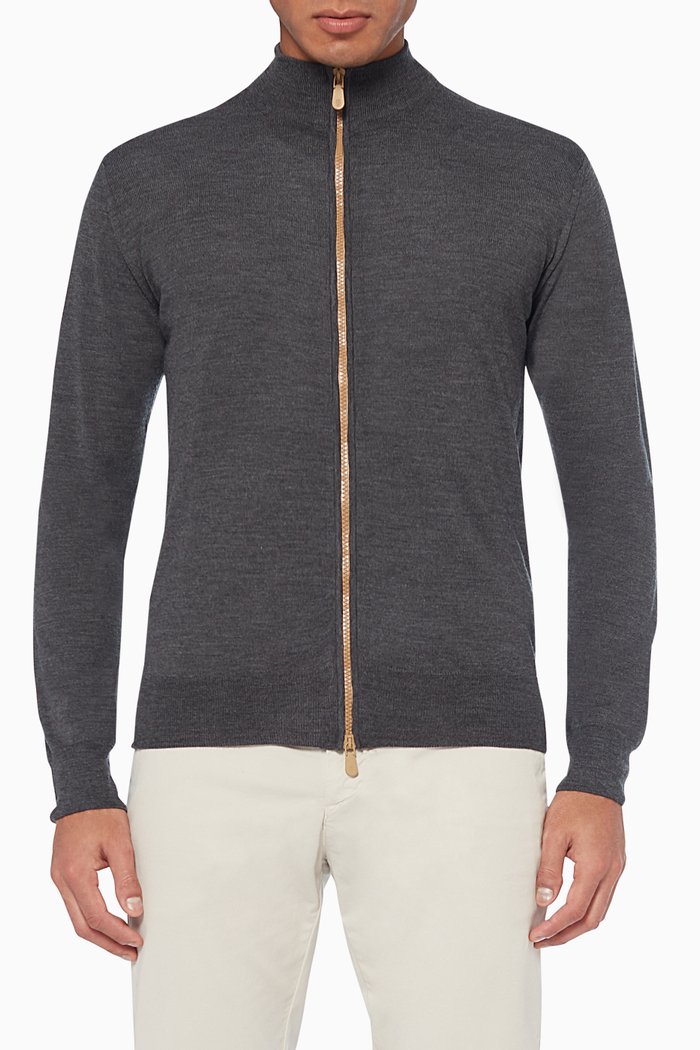 

Funnel-Neck Wool-Cashmere Cardigan, Grey