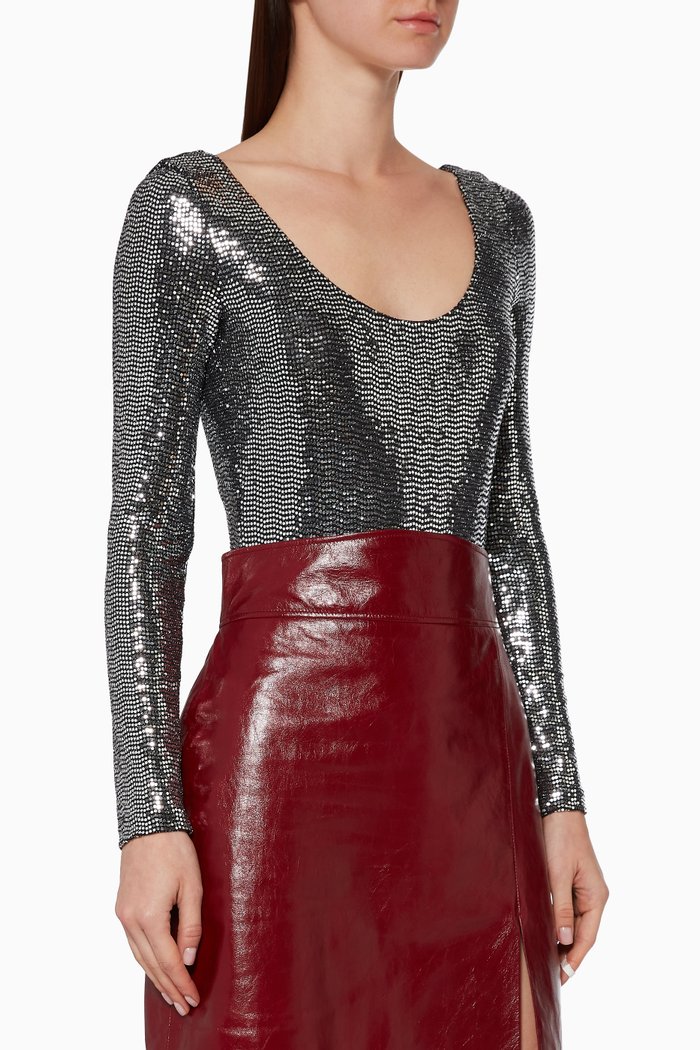 Metallic Dotted Jersey Bodysuit, Silver