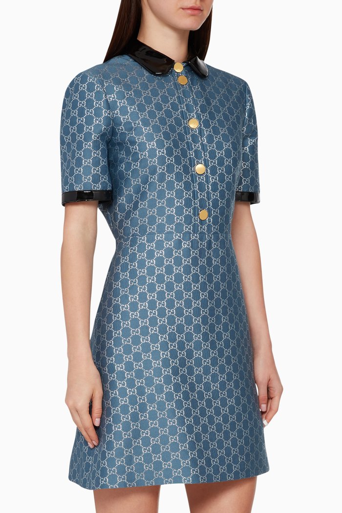 

Leather-Trimmed GG Lamé Dress, Blue