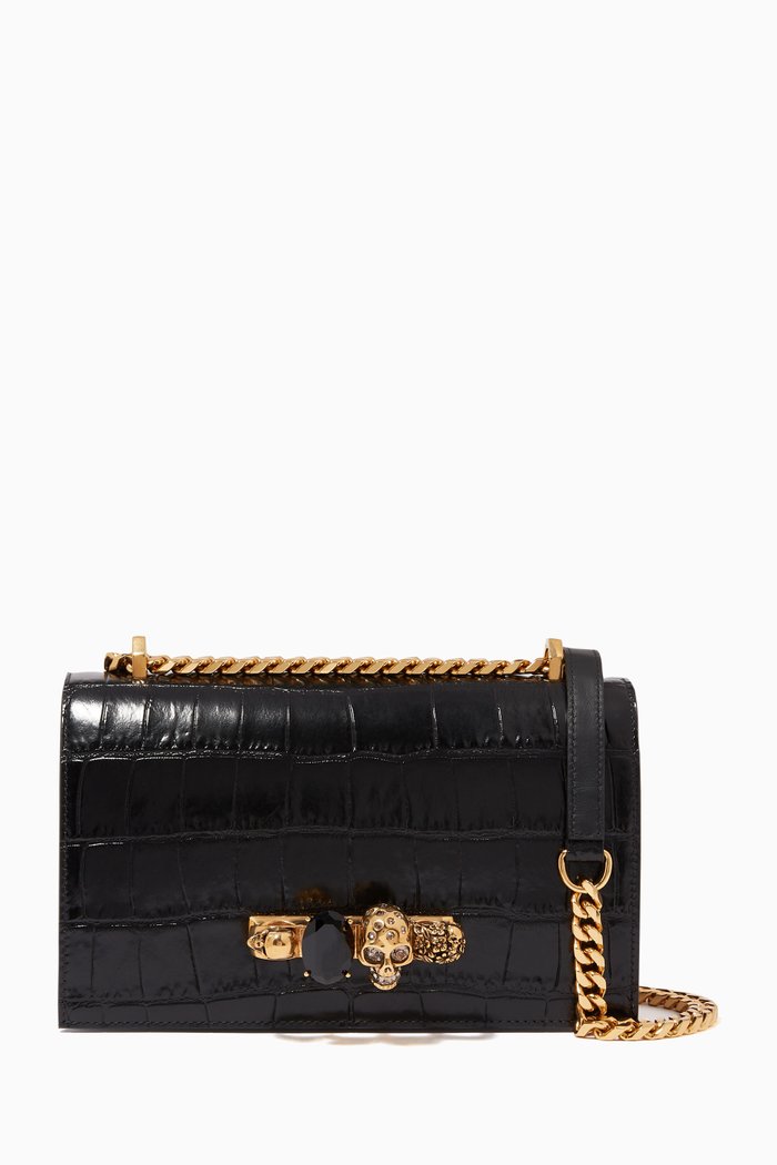 

Jewelled Crocodile-Embossed Satchel, Black