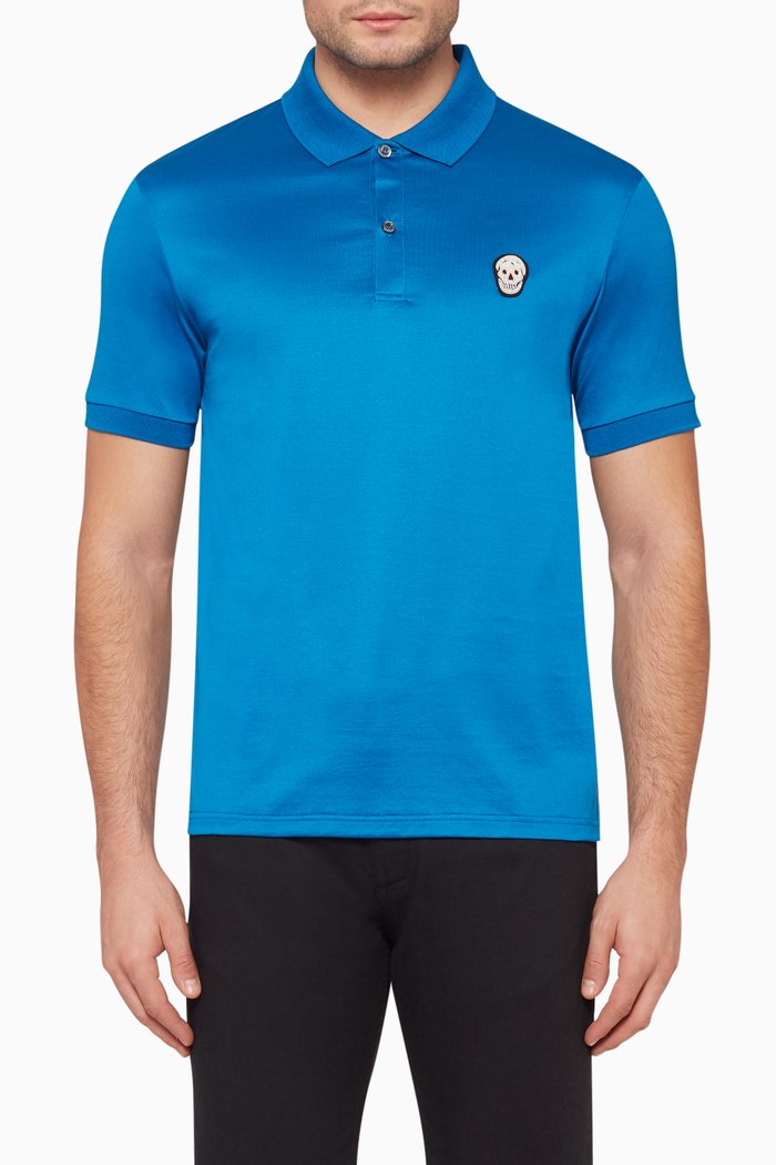 

Embroidered Skull Patch Polo T-Shirt, Blue