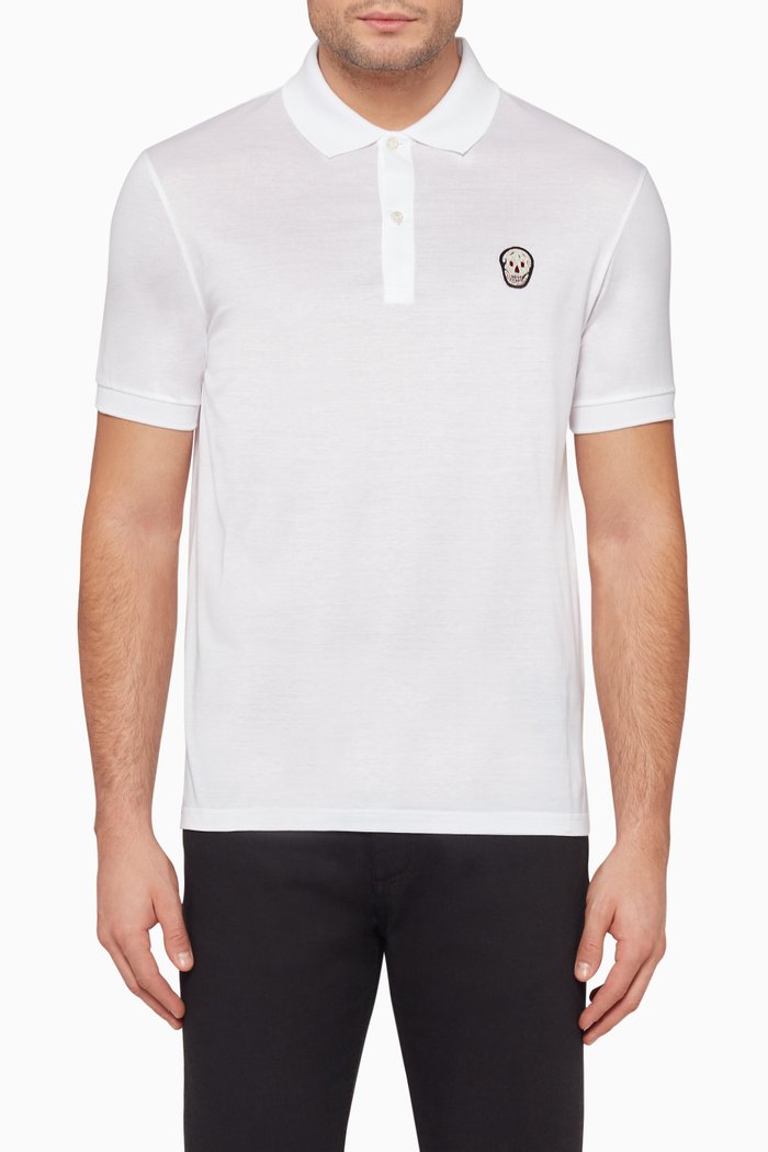 

Embroidered Skull Patch Polo T-Shirt, White