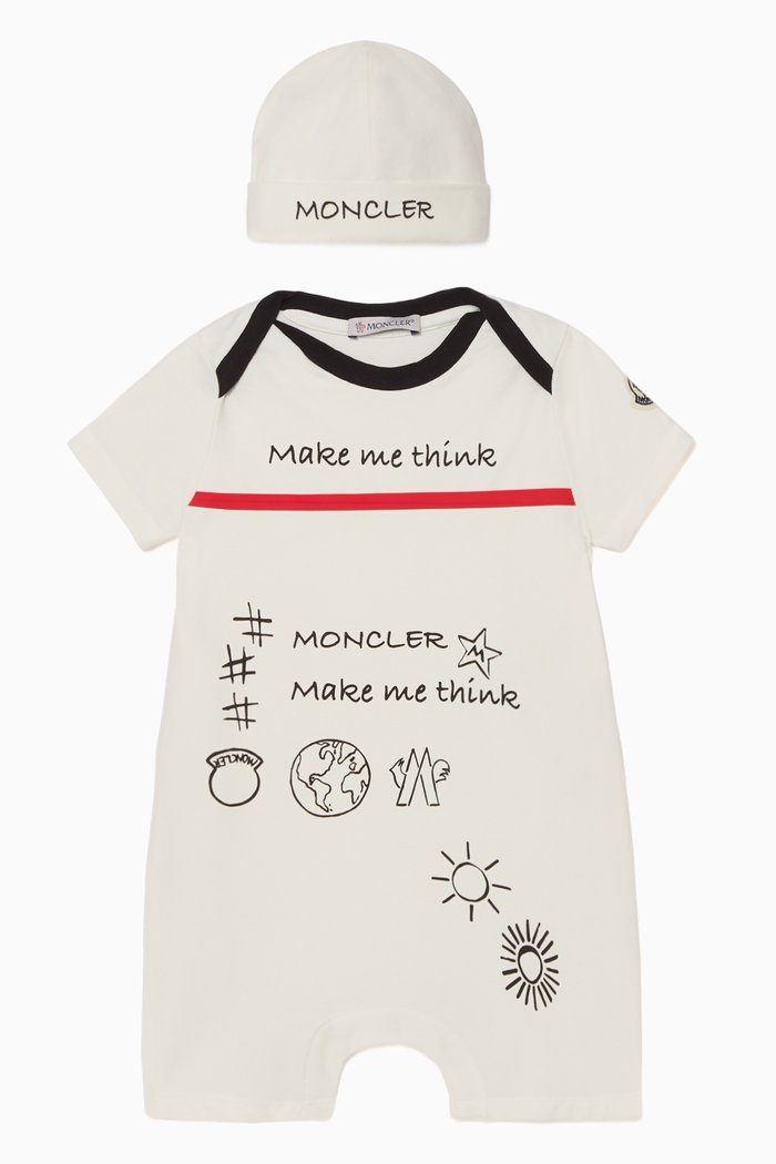 Graphic Print Romper & Hat Set, White