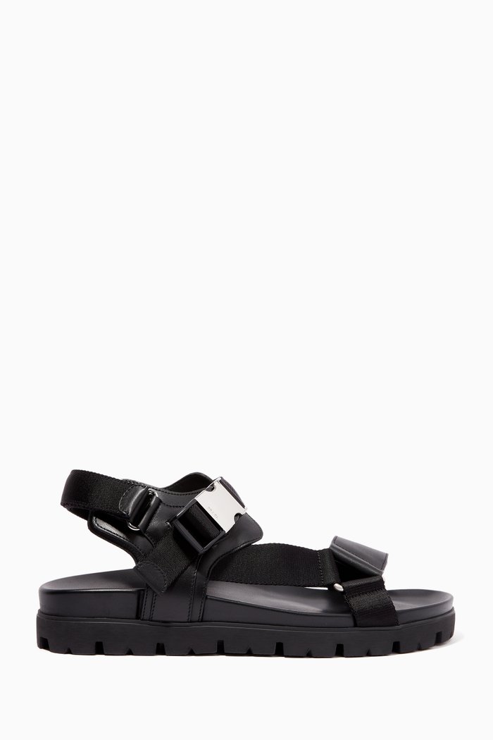 

Leather & Woven Tape Sandals, Black