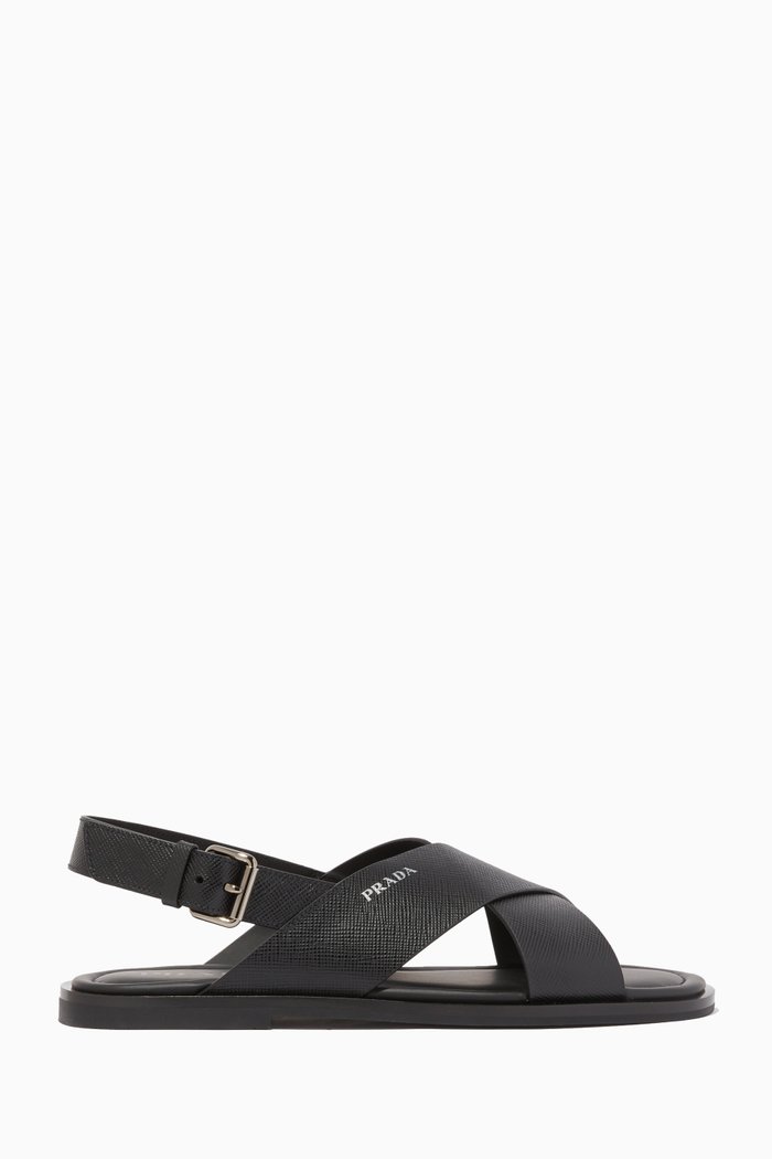

Saffiano Criss-Cross Leather Sandals, Black