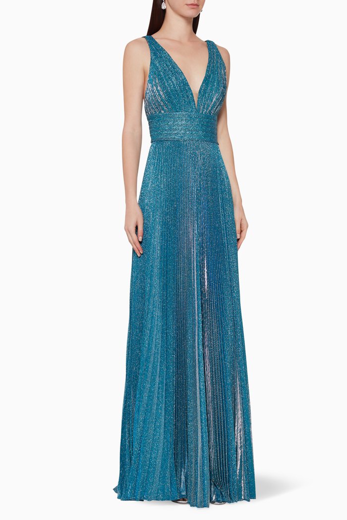 Metallic Pleated Gown, Blue