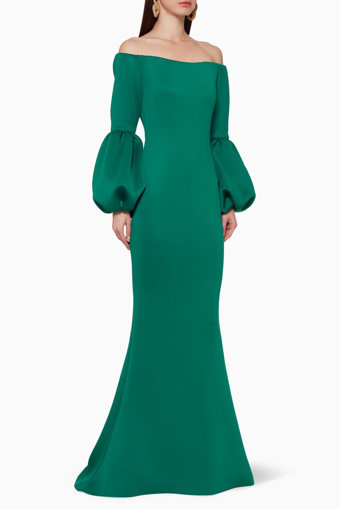 Off-The-Shoulder Neoprene Gown, Green