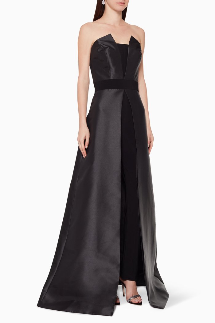 Strapless Satin Overskirt Jumpsuit, Black