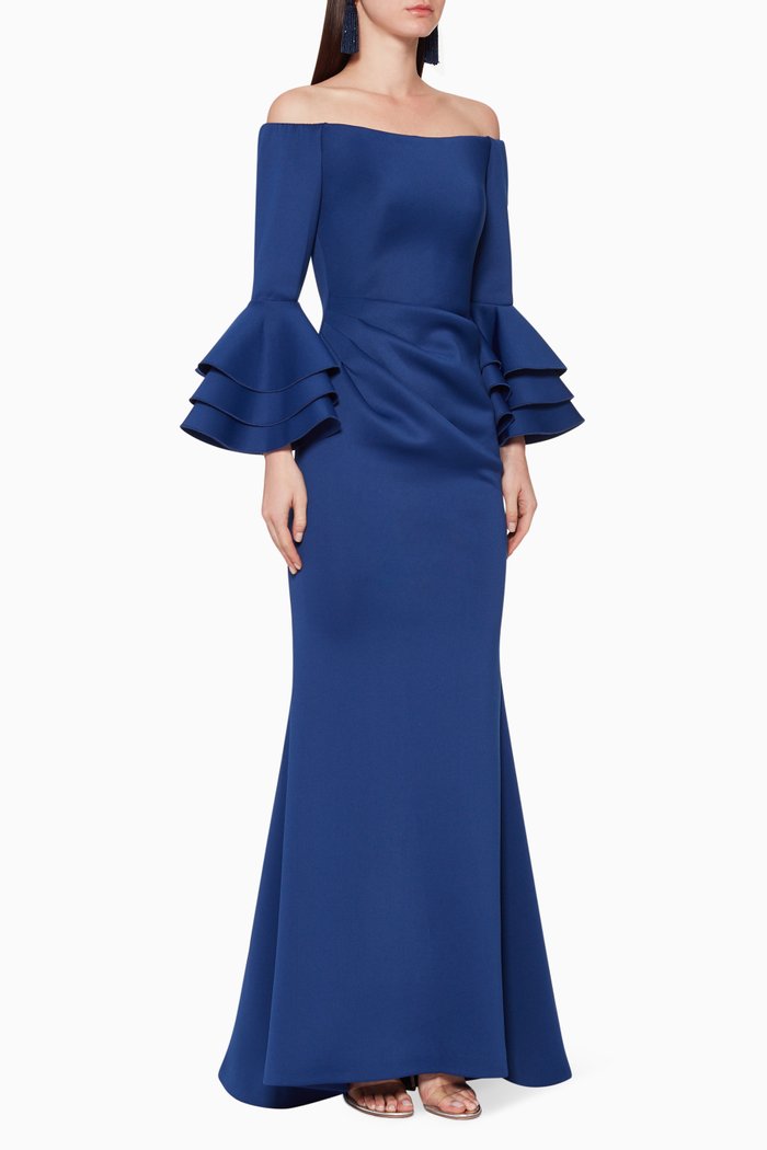 

Off-The-Shoulder Neoprene Gown, Blue