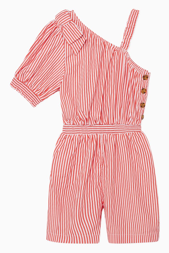 

One-Shoulder Striped Romper, Orange