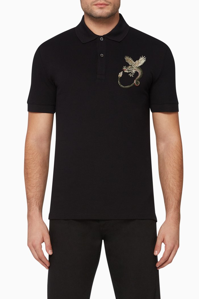 Embroidered-Dragon Polo Shirt, Black
