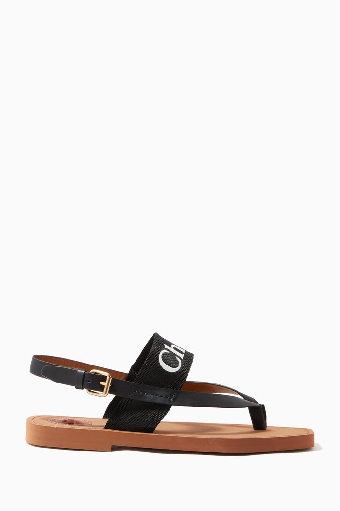 

Woody Flat Sandals in Calfskin & Canvas, Black