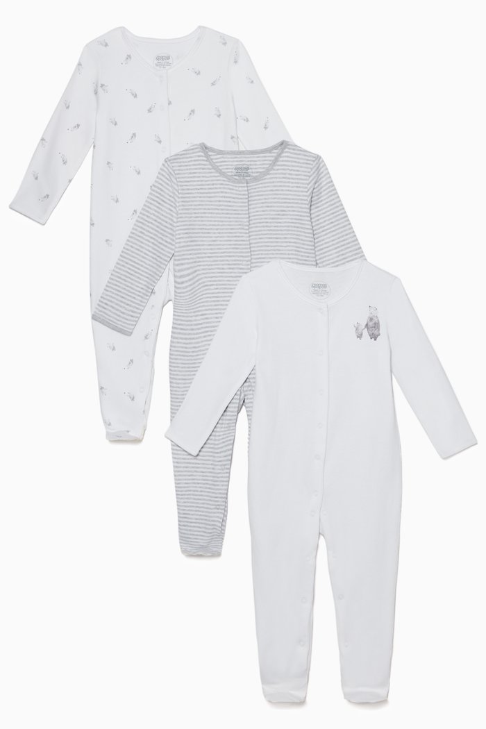 

Bear Print Non-Slip Sleepsuits, Set of 3, White